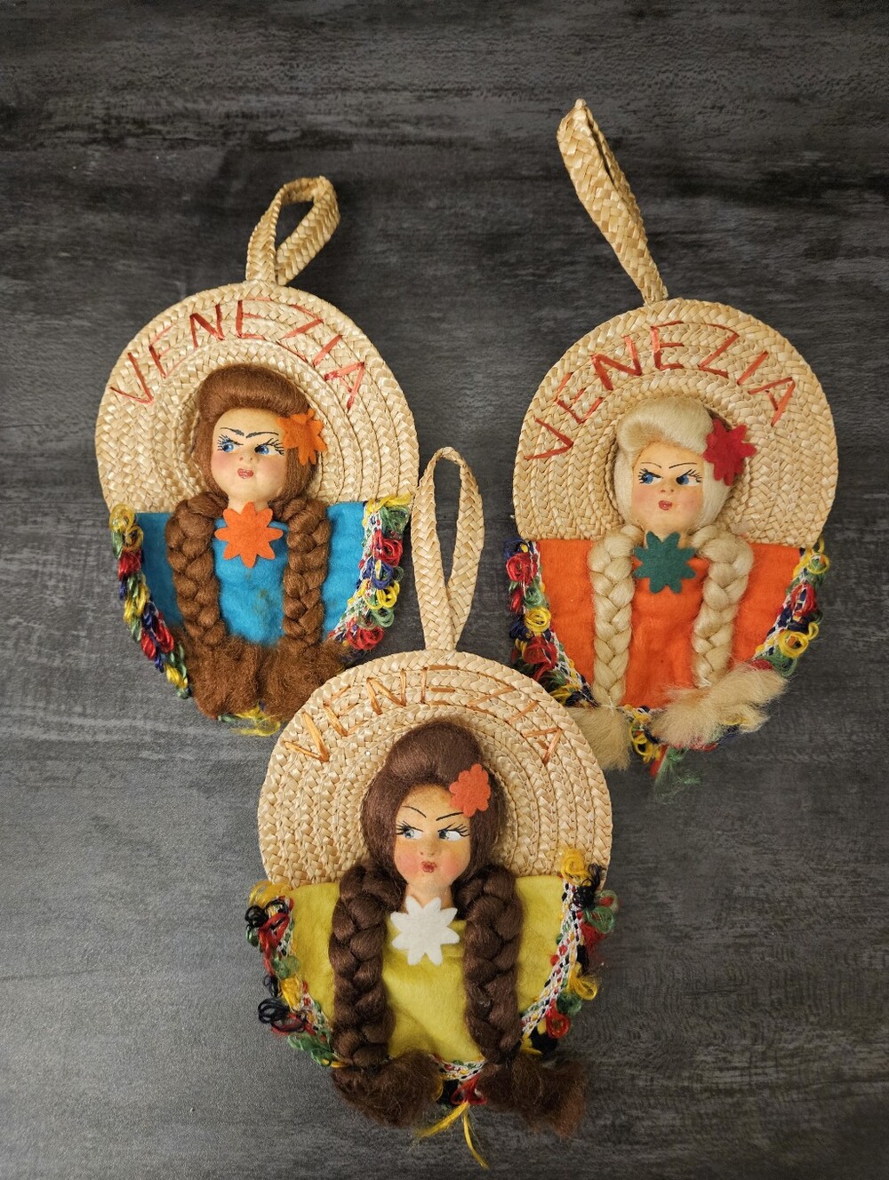 VTG Set of 3 Venezia Italy Straw Hat Folk Art Souvenir Doll Hanging Ornaments